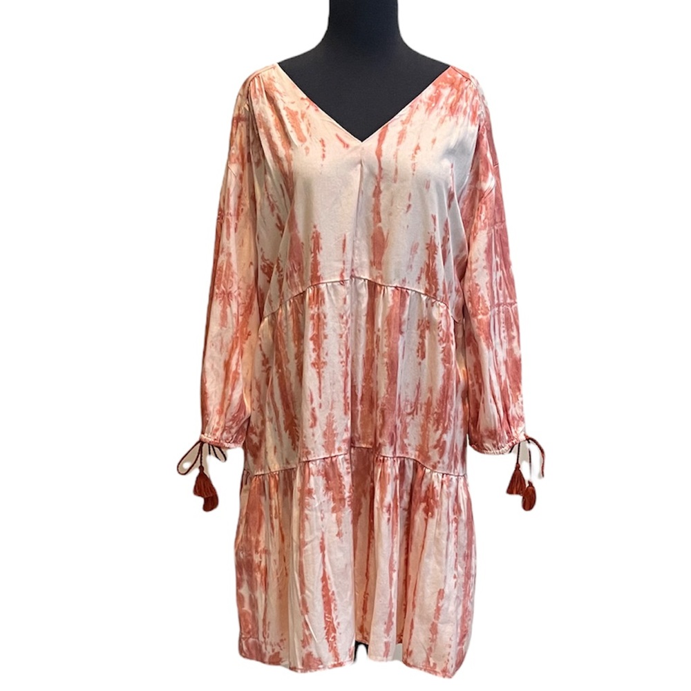 NEW DIRECTIONS Baby Doll Dress Sz 1X Plus Corals Tie Dye Tassels 3/4 Sleeves